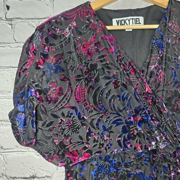 Vicky Tiel Velvet Black Blue Pink Short Sleeve Wrap Effect Dress Size L - Picture 4 of 11